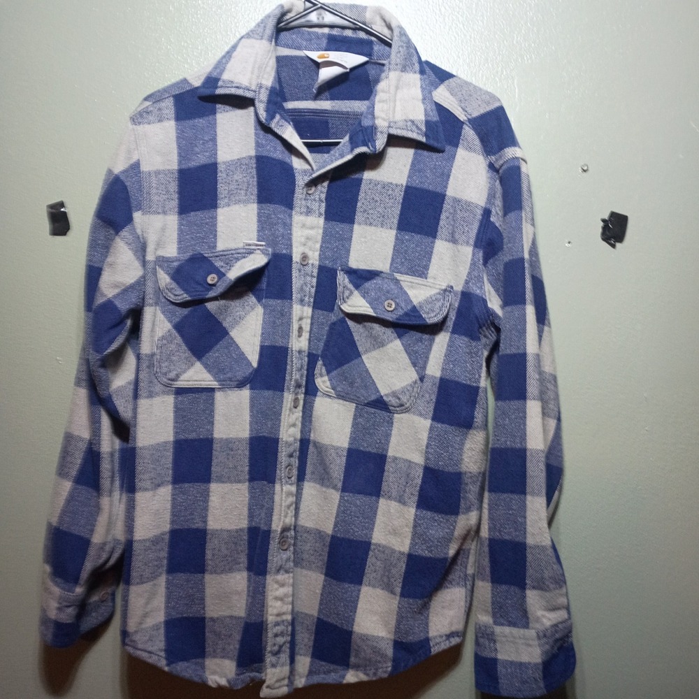 Carhartt Flannel Shirt, Men, Size L, Blue White Buffalo Plaid Rugged Workwear